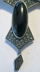 BIG STERLING 3 1/8 INCHES ART DECO BROOCH, SIGNED, MARCASITES & ONYX