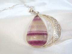 Large Sterling Silver 925 Fluorite Crescent Moon Pendant Necklace