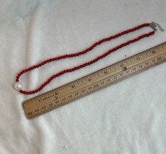 Red Coral Bead PEARL Rhodium Over Silver Necklace 18″ NEW
