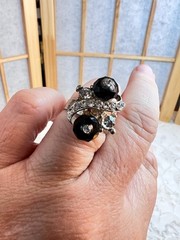 Vintage Silver Tone Adjustable Ring Clear Crystals Black Faceted Round Beads 7″