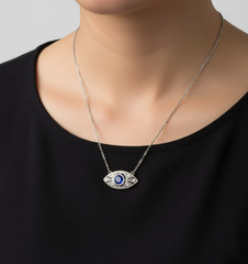 Blue Round CZ Stone 925 Silver Art Deco Bezel Set Eye Shaped Pendant Necklace