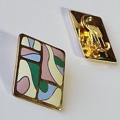 Vintage Clip On Earrings Enamel Retro Samuel Huang Cloisonné Artsy Pastel Square