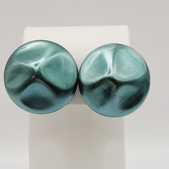 Green Blue Almost Metallic Color Dimpled Puckered Round Vintage Clip On Earrings
