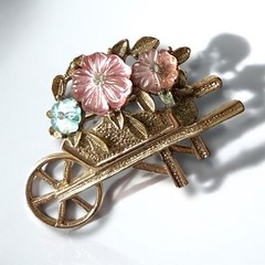Flower Cart Brooch Molded Glass Rhinestones Gold Tone Garden Vintage Pin