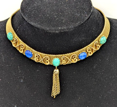 Vintage Gold Tone Mesh Choker Tassel Necklace Lapis Jadeite Stone Cabochons