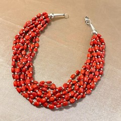 Red Glass Multi Strand Necklace Silver Tone, Boho Unused Vintage India – 18″