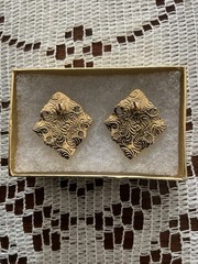 1928 Vintage Black Gold Tone & Rhinestone Pierced Post Earrings
