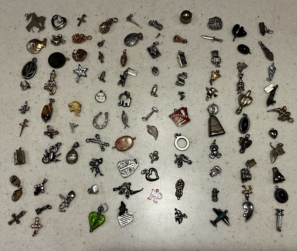 100 Assorted Vintage Charms Sterling and Others Lot