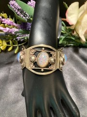 Vintage Taxco Mexico Sterling Silver Faux Fire Opal Link Panel Patina Bracelet