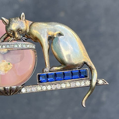 1940s Anthony Aquilino Sterling Silver Cat Fishing Fish Bowl Jelly Belly Brooch