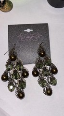 Retro Antiqued Bronze Tone Green Chandelier Dangle Earrings Glass Beads Filigree
