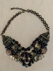 Vintage Multi Layered Statement Necklace Blue Black Crystal Beaded Strands