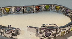 FAS 925 Sterling Silver Multicolor Stone Links Heart Clasp Bracelet 7″-VTG