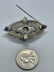 Art Deco Molded Faux Jade Green Czech Art Glass Filigree Silvertone Brooch