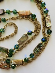 Vintage 80s NAPIER Necklace Abalone Mother Of Pearl & Green Crystals Boho Fairy