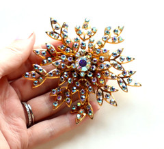 HUGE Vintage AB Glass Rhinestone Snowflake Brooch Articulated Gold Tone 3.5in