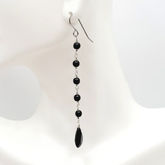 Black Onyx Bead Shoulder Duster Long Linear Silver Tone Pierced Hook Earrings