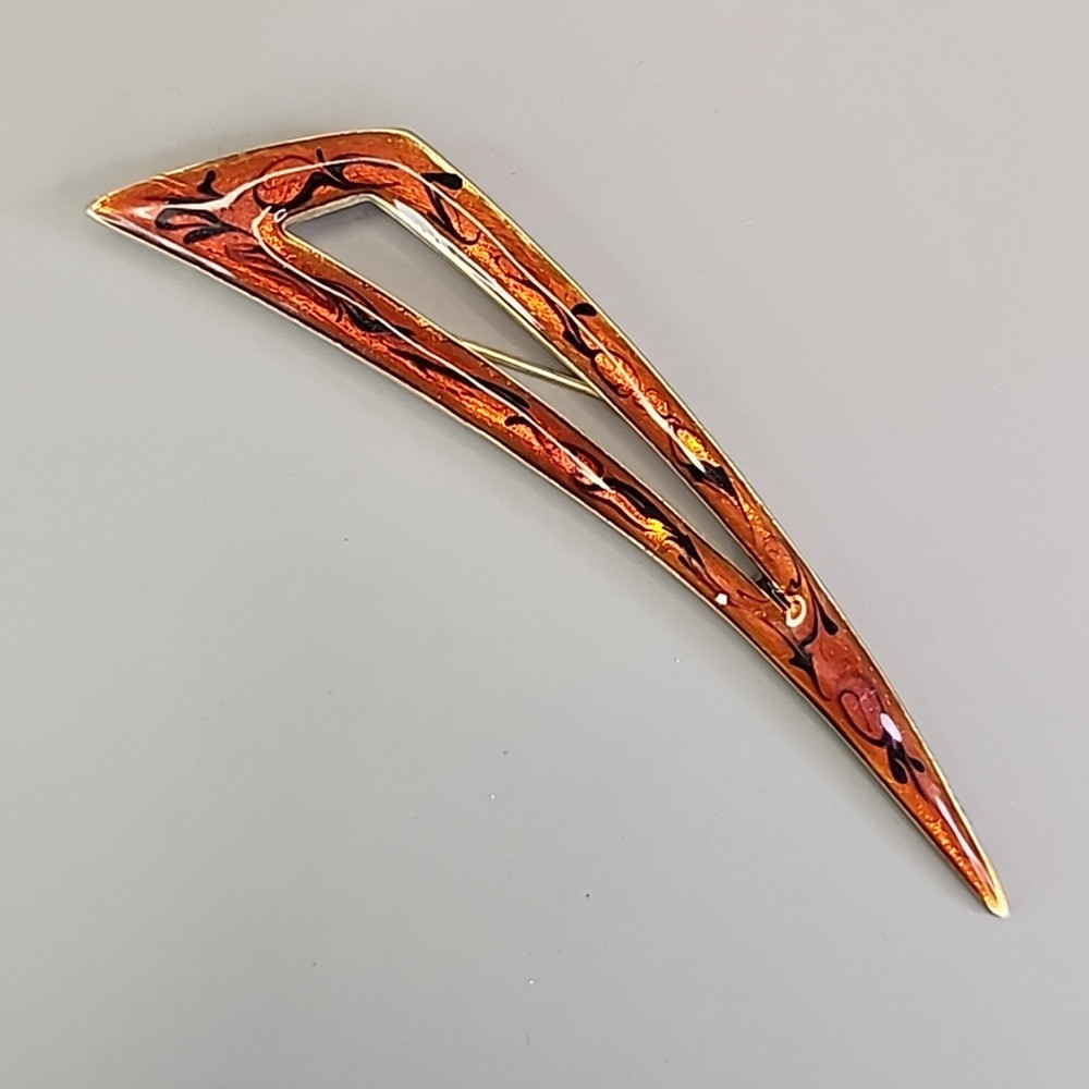 Vintage Modernist Brooch Mid Century Orange Enamel Gold Tone Long 4.25″