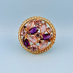 Vintage Rhinestone Brooch Round Pink Purple Marquise Stones Open Back Gold Tone