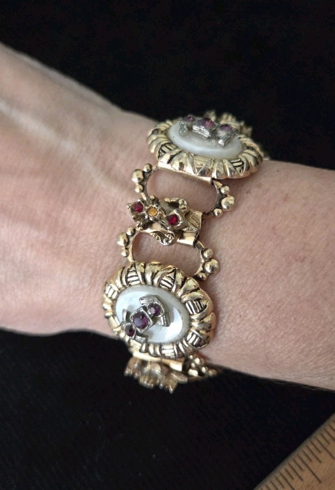 Vintage Victorian Revival Book Chain Bracelet Rhinestone Gold Tone