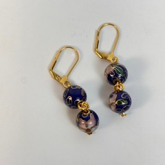 Vintage Cloisonne Drop Earrings Blue Floral Boho Cottagecore Whimsygoth Jewelry