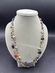 Vtg Venetian Wired Art Glass Bead Necklace Blown Swirl Stripe Barrel 46” Long
