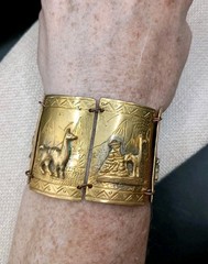 Vintage Peruvian Alpaca Bracelet Story Teller Gold Tone Brass Wide Cuff Repousse