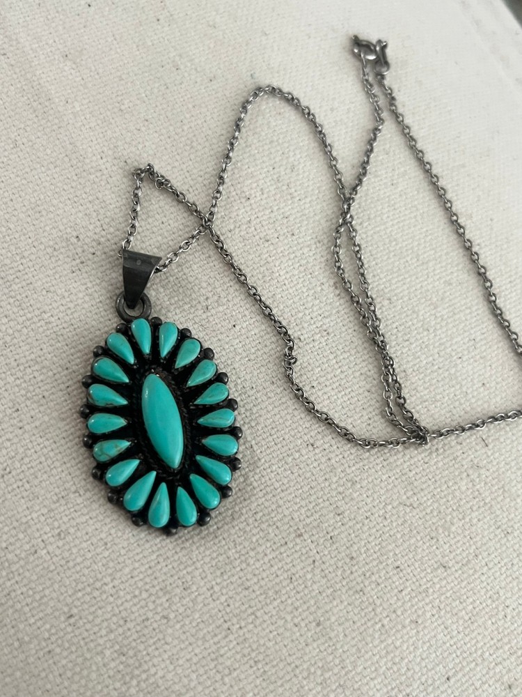 Vintage Turquoise Sterling Silver Pendant Necklace 16 Inch Boho
