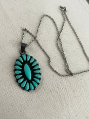 Vintage Turquoise Sterling Silver Pendant Necklace 16 Inch Boho