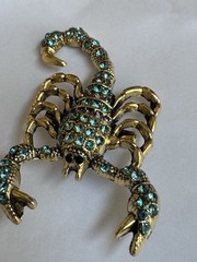 Vintage Rhinestone Scorpion Figural Brooch Aqua Teal Crystal Antiqued Gold Tone