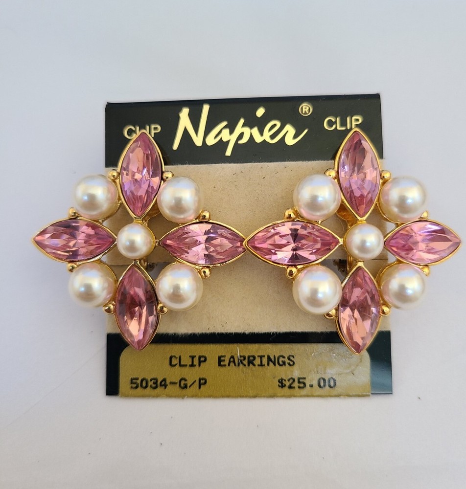 Vintage 1970-80’s NAPIER Gold Plated Faux Pearl Pink Flower Earrings – Estate