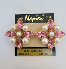 Vintage 1970-80’s NAPIER Gold Plated Faux Pearl Pink Flower Earrings – Estate