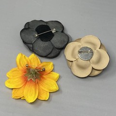 Vintage Silk Flower Brooch Pin Set of 3 Brown Yellow Blue Layered Large Retro