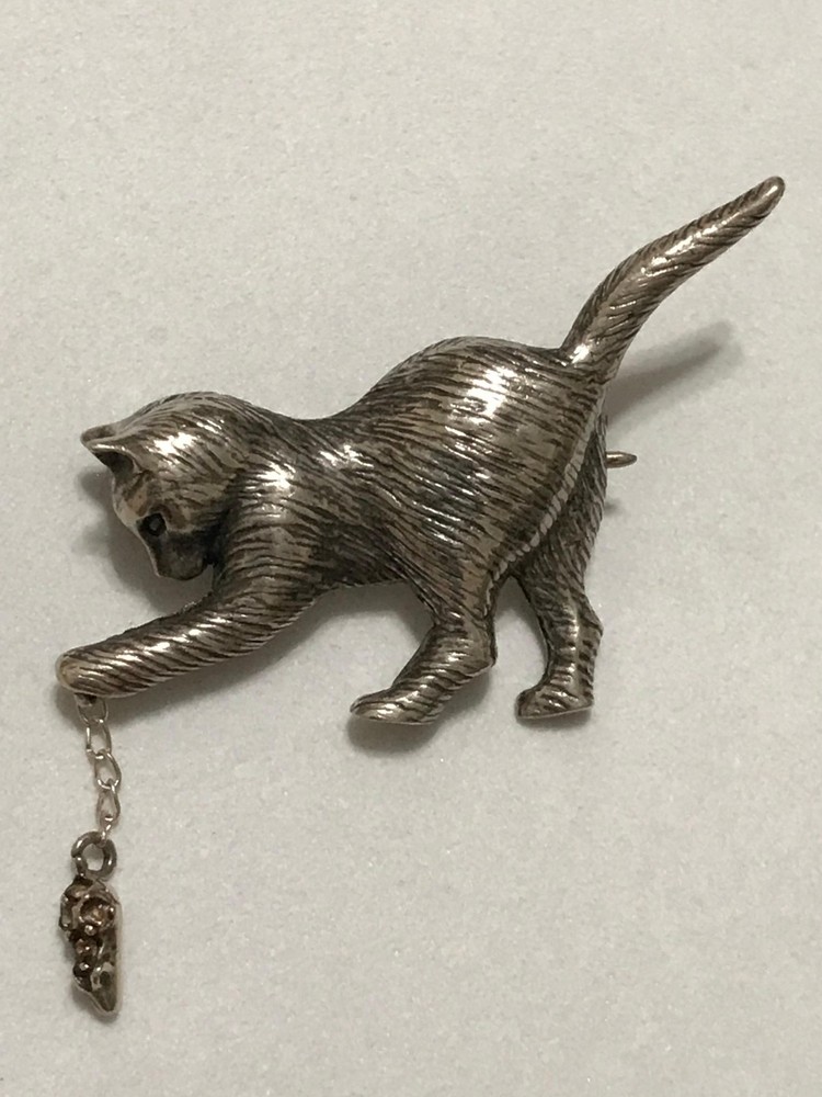 Cute Vintage Jezlaine Sterling Silver 925 Cat With Mouse Brooch Pin
