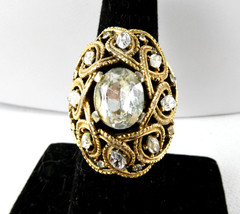 Vintage Crown Trifari Cocktail Ring Dome Shaped Gold Tone Clear Marquise Stones