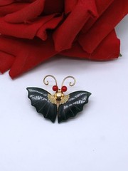Vintage Imitation Jade & Coral Butterfly Moth Pin Brooch CAT CHARITY