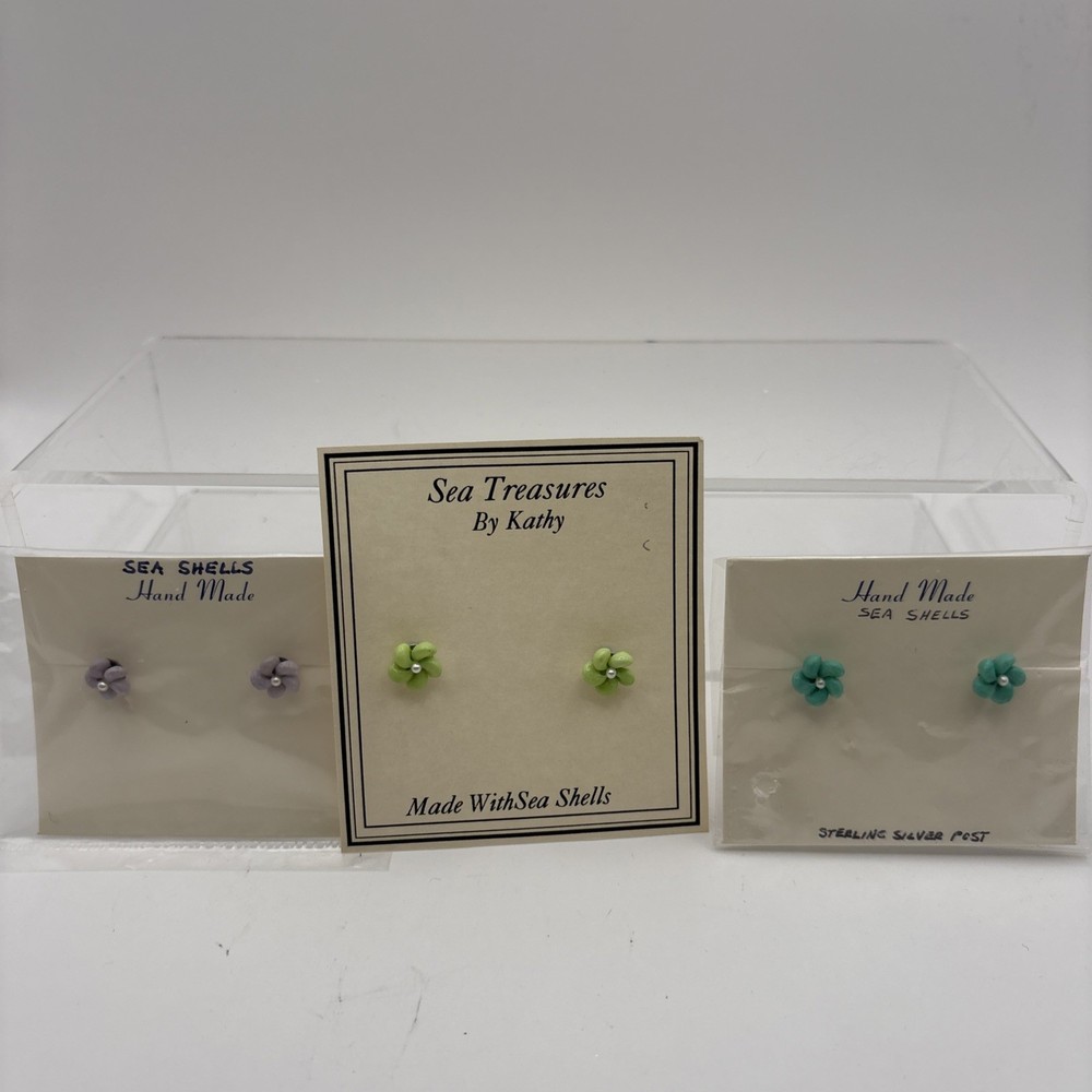 Vtg~Real Seashell Pierced Earrings~Purple, Green, Teal~Set of 3