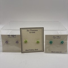Vtg~Real Seashell Pierced Earrings~Purple, Green, Teal~Set of 3