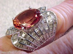 Spectacular Salmon Tourmaline & Baguette Diamond Ring 14k W.G. 6.5 Make Offer