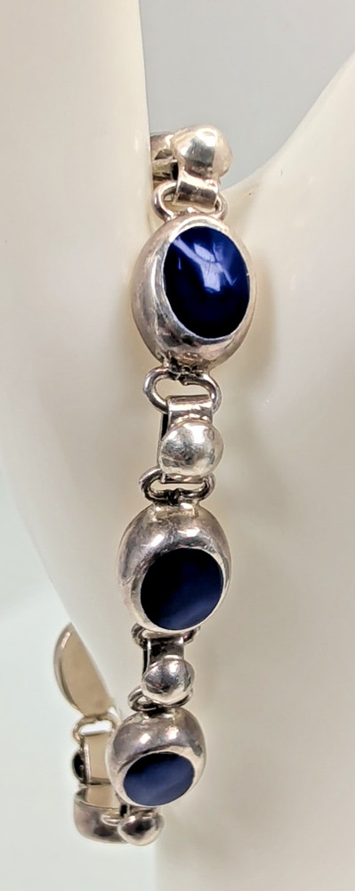 Vintage CME 925 Sterling Silver Navy Blue Enamel Oval Link Bracelet 7″