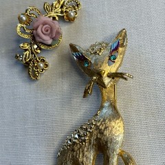Vintage Mamselle Mid Century Modern Siamese Cat & Rose Brooches Pins