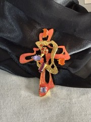 Vintage Christian Lacroix Cross Pendant Brooch Orange Enamel Rhinestone COA Made