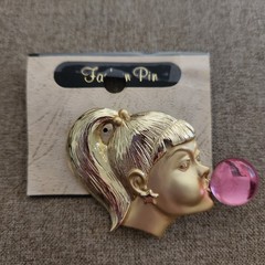 Vintage AJC Gold-Tone Brooch Ponytail Girl Blowing a Pink Bubble RARE