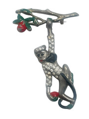 Vintage 1930’s Figural Rhinestone Inset & Enameled Hanging Monkey Brooch