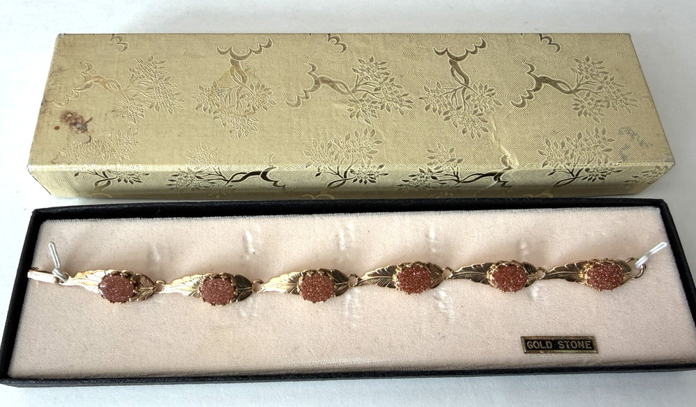 Vintage Panel Bracelet Goldstone Rose Gold Tone Round Linked 7″ New Boxed