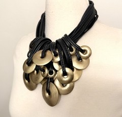 Gerda Lynggaard Monies Black Leather Fringe & Gold Wood Rings Necklace