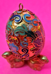 Vintage Chinese Enamel Cloisonne Egg Pendant or Ornament Colorful Egg & Stand