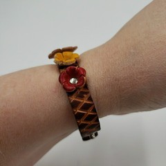 Peasant Leather Flower Cuff Bracelet Adjustable Handmade Boho Country Cottage