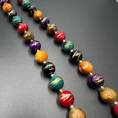 Vintage Wooden Bead Necklace Colorful Hand Painted Gold Accents Boho Artsy 30in