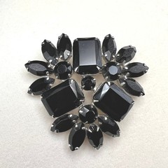 Vintage Rhinestone Brooch Black Crystal Domed Floral Spray